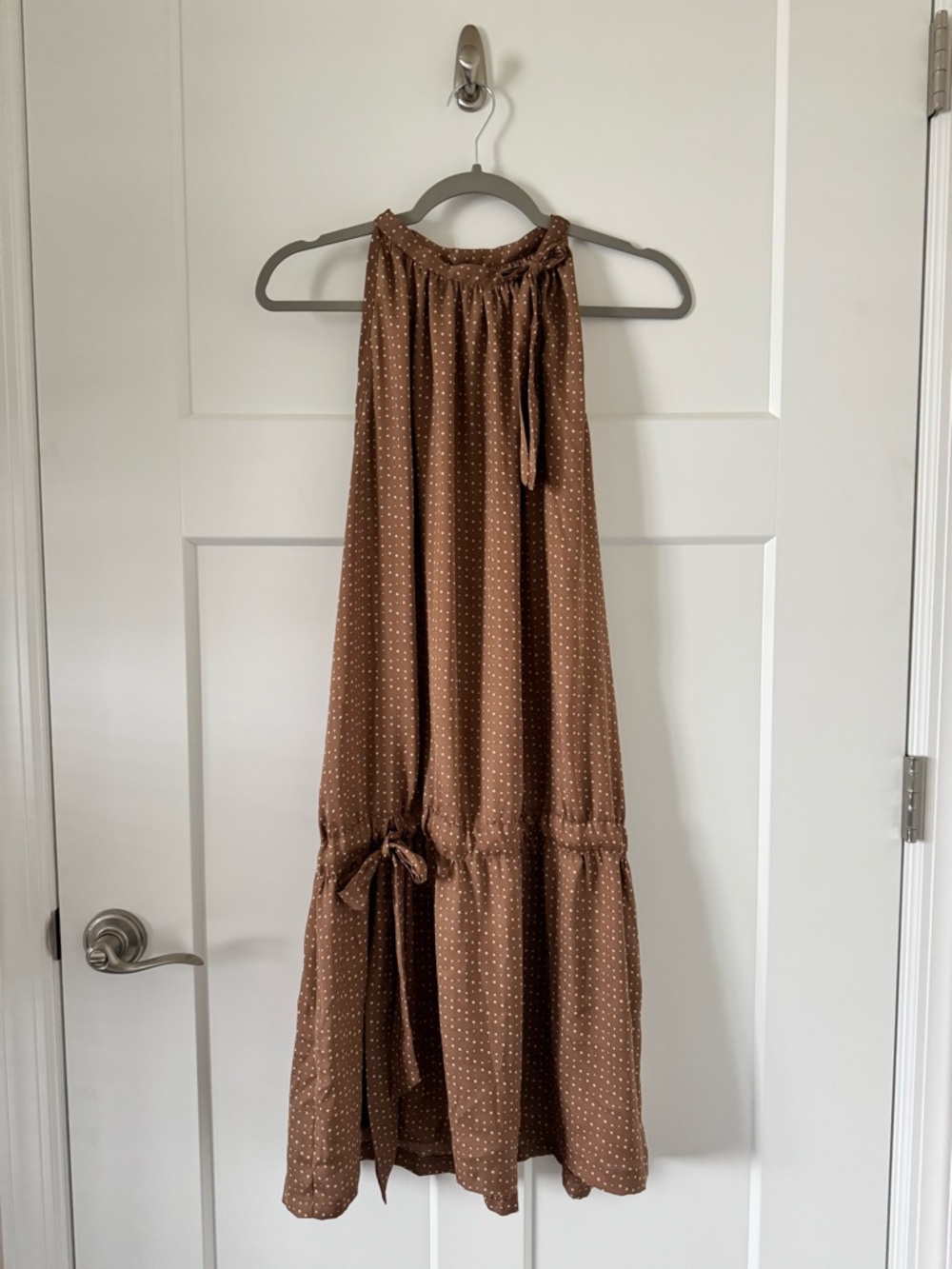 Stile Benetton Brown White Polka-Dot Halter Tie Drop Waist Dress Size L